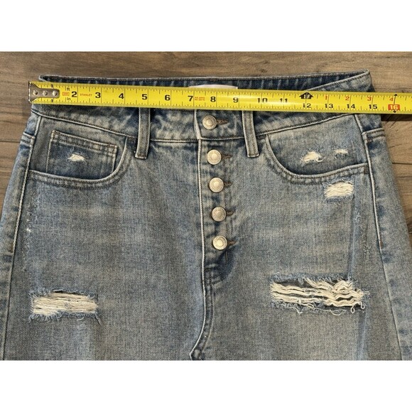 VERVET Medium Light Wash Cotton Denim Distressed Button Front Mini Jean Skirt - Picture 4 of 5